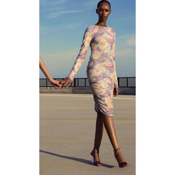 ROTATE BIRGER CHRISTENSEN Ulla Ruched Long Sleeve Bodycon Dress Super Pink Print - Picture 1 of 12